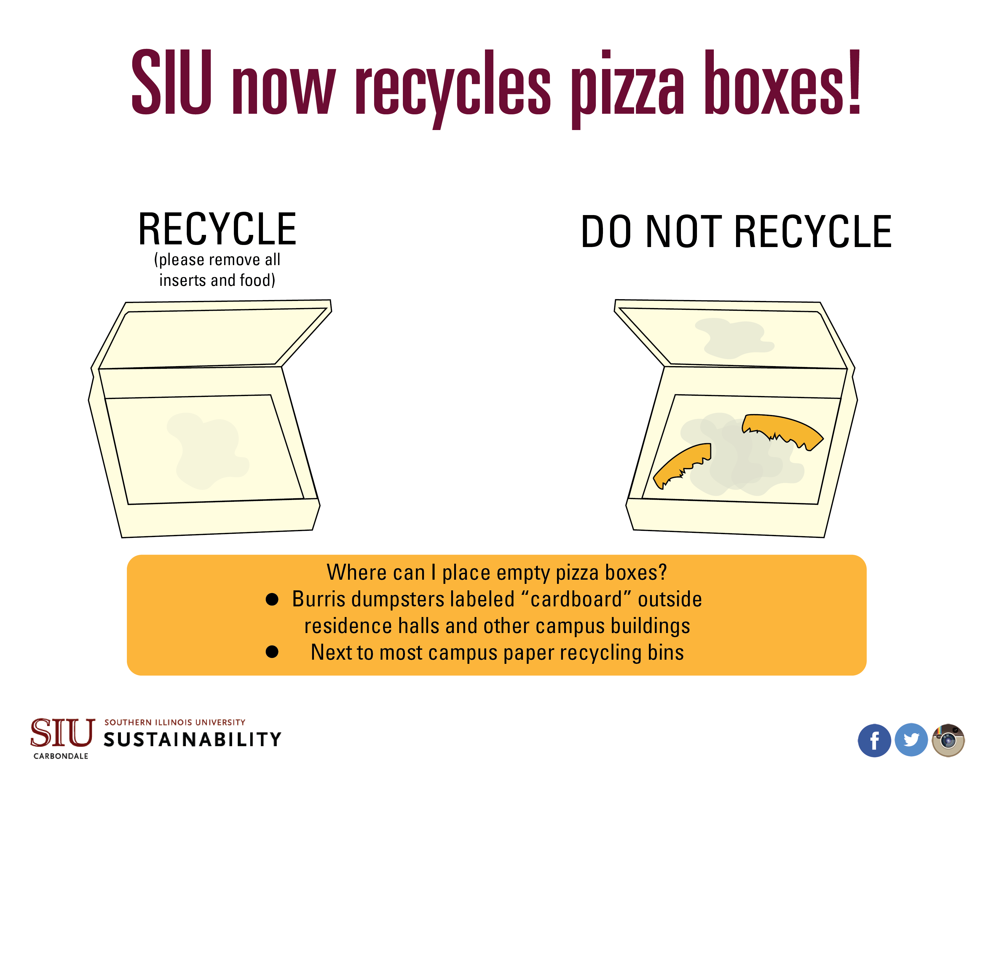 Pizza boxes can be recycled at SIU. All food and inserts should be removed.