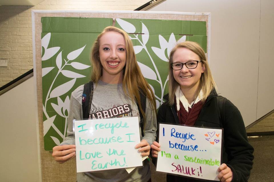"I recycle because I love the earth" "I recycle because I'm a sustainable saluki!"