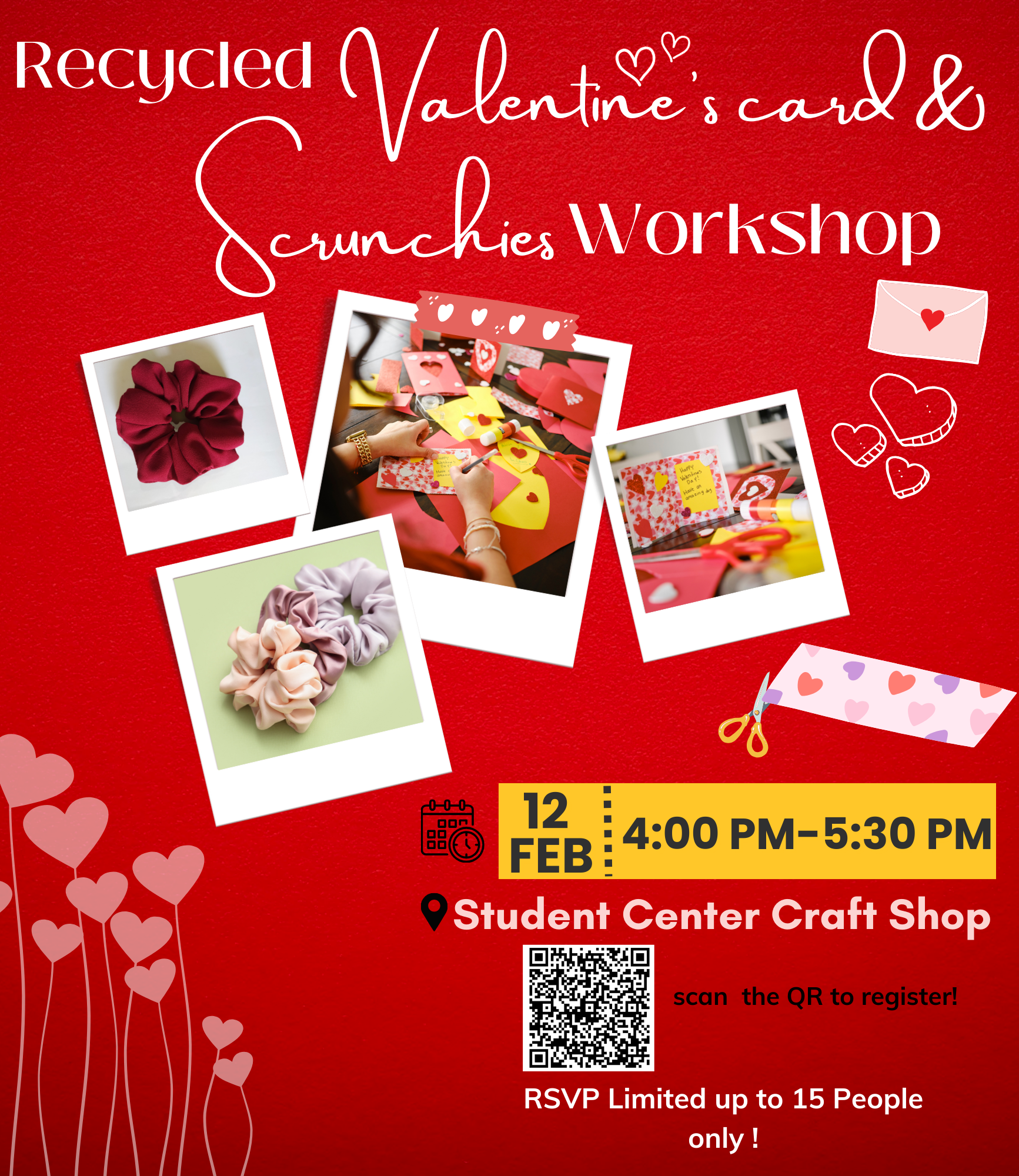 Recycled valentines card and scrunchies workshop flyer