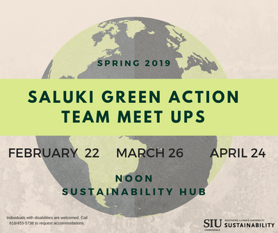 Spring 2019 SGAT meet ups, February 22, March 26, April 24 at noon sustainability hub 