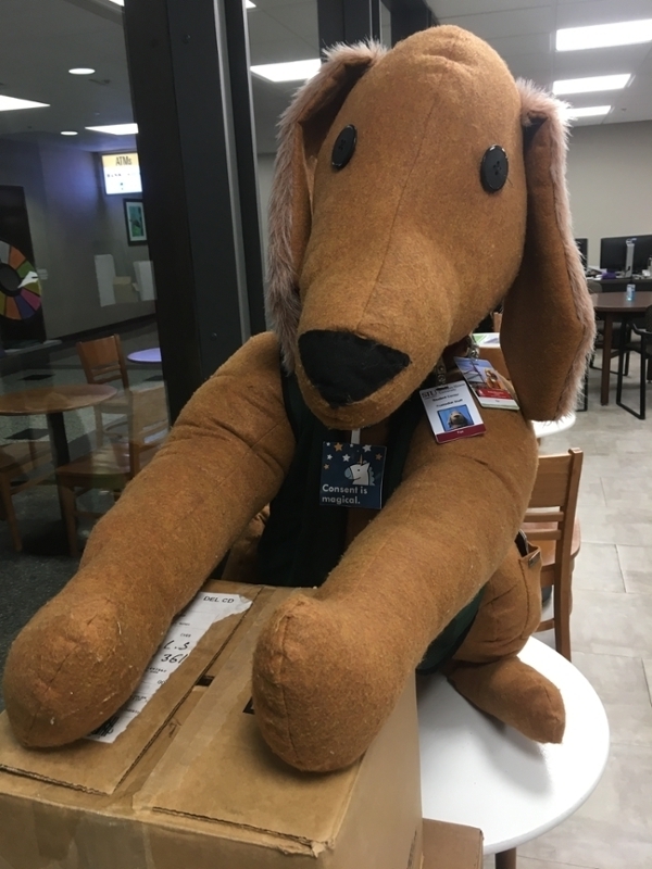 Saluki stuffed animal Tut sitting on chair